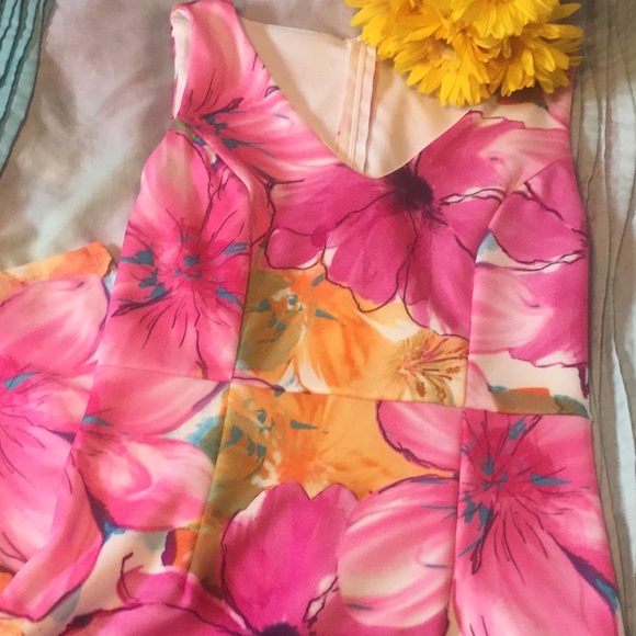 Ovi Fuchsia Pink Yellow Floral Print Sleeveless Sheath Lined Dress NWOT - Picture 8 of 16